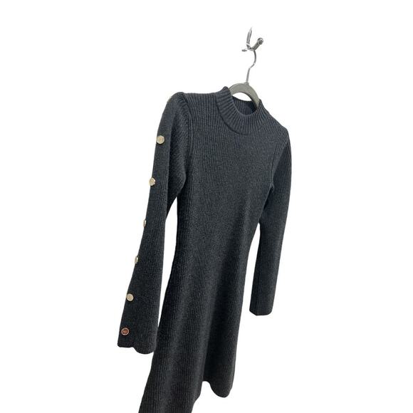 Sandro Paris Embellished Ribbed Wool & Cashmere Long Sleeve Gray Mini Dress US 2 - Picture 5 of 11